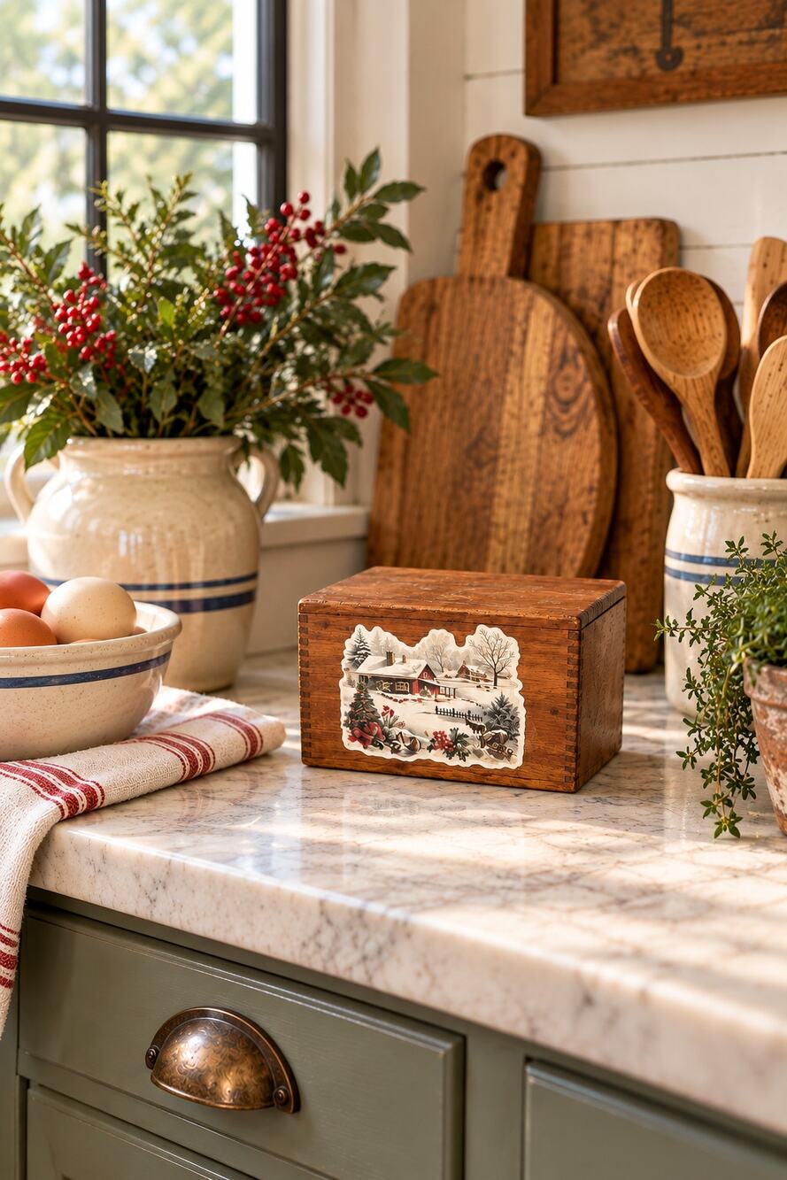 Vintage Snowy Cabin Scene Card Wooden Recipe Box Dovetail